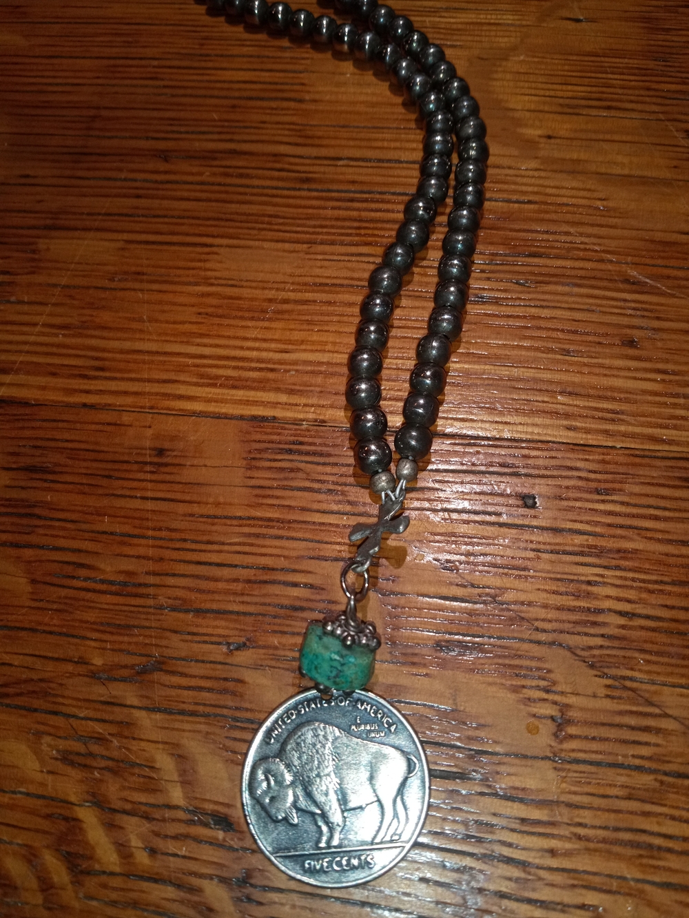 Handcrafted Silver-Tone Beaded Necklace with Turquoise Accent and Coin Pendant